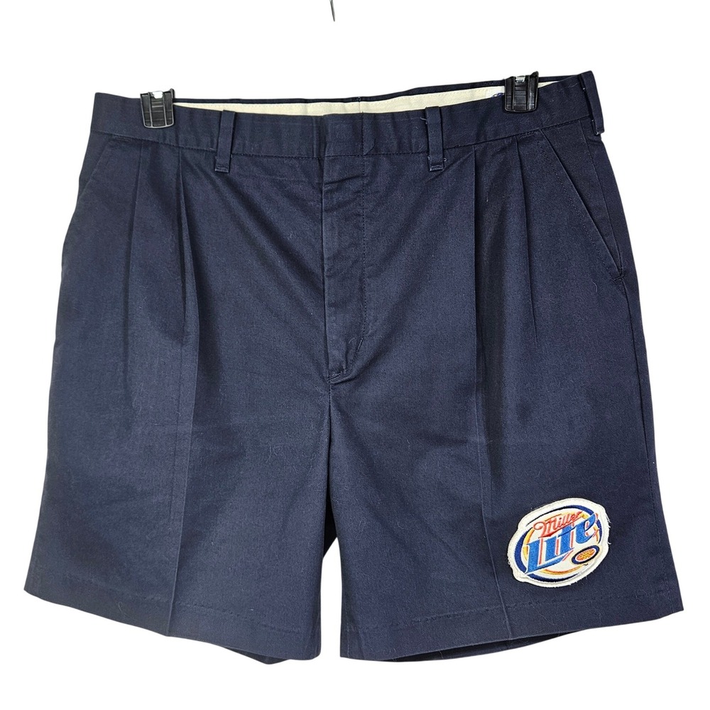 Navy Blue Miller Lite Beer Patch Pleated Work Shorts 35 Vintage USA Made Brewery